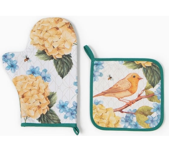 Изображение товара Кухонный набор Этель Гортензии варежка-прихватка 20x28 см, прихватка 19x19 см, 100% хлопок 9892066