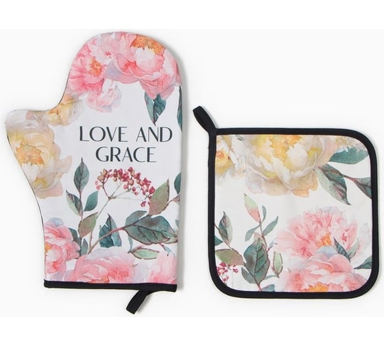 Изображение товара Кухонный набор Этель Love and Grace варежка-прихватка 20x28 см, прихватка 19x19 см, 100% хлопок 9892081