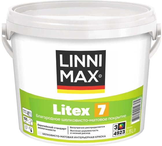 Изображение товара Краска водно-дисперсионная для внутренних работ LINNIMAX Litex 7 База 3, 2,35 л 948105739