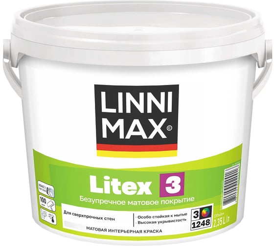 Изображение товара Краска водно-дисперсионная для внутренних работ LINNIMAX Litex 3 База 3, 2,35 л 948105697