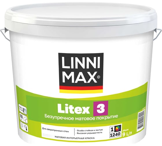 Изображение товара Краска водно-дисперсионная для внутренних работ LINNIMAX Litex 3 База 1, 9 л 948105685