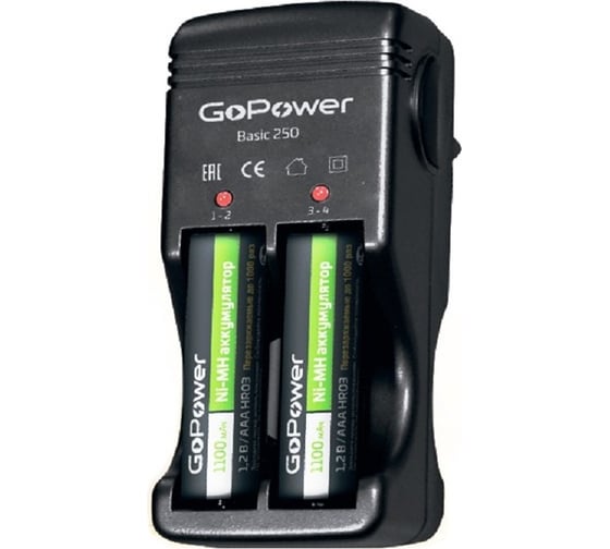 Изображение товара Зарядное устройство для аккумуляторов GoPower Basic 250 Ni-MH/Ni-Cd 4 слота (1/20/40) 00-00015345