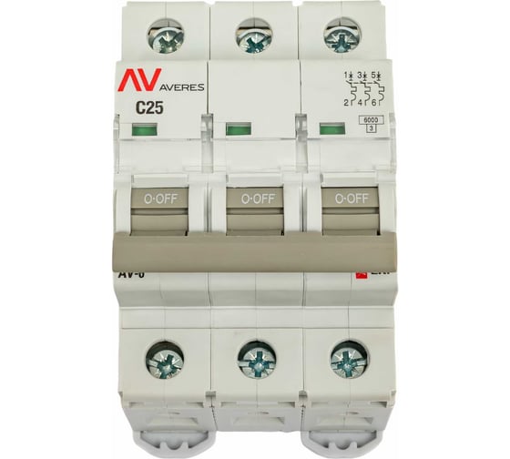 Изображение товара Автоматический выключатель EKF AV-6, 3P, 25A, 6kA, AVERES mcb6-3-25C-av