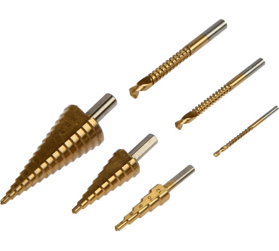 Изображение товара Набор сверл ступенчатых и фрезерных HSS, TIN, 4-12 мм, 4-20 мм, 4-32 мм, 3/6/8 мм ТУНДРА 9768468