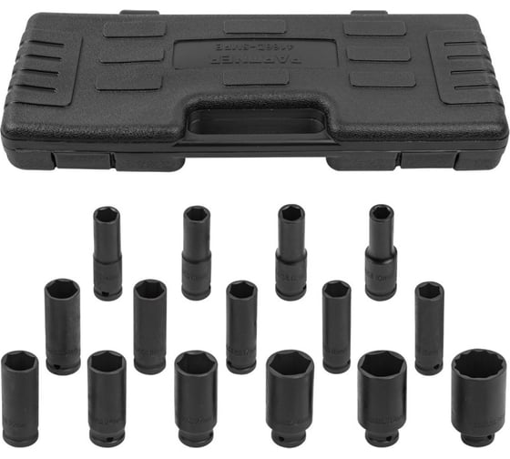 Изображение товара Набор головок ударных глубоких 15 предметов, 1/2", 6-гранных 10, 12-17, 19, 21, 22, 24, 27, 30, 32 мм, 12-гранных 36 мм, в пластиковом кейсе Partner PA-4166D-5MPB(54748)