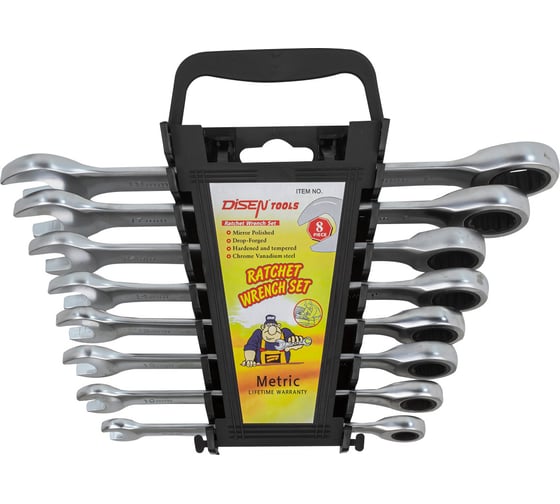 Изображение товара Набор ключей Disen трещоточных 8пр.(8,10,12,13,14,15,17,19мм),в пластиковом держателе DSD1516(54354)