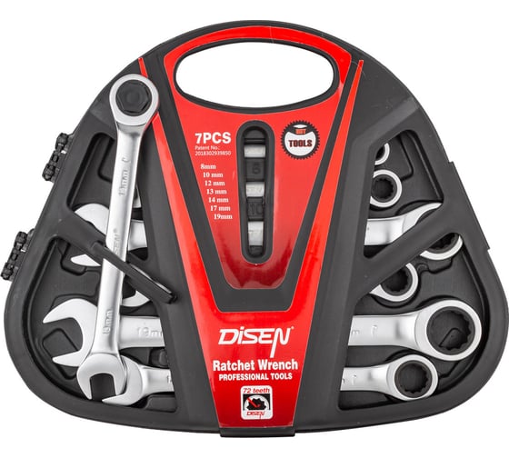 Изображение товара Набор ключей Disen трещоточных 7пр.(8,10,12,13,14,17,19мм),в пластиковом держателе DSD1515(54352)