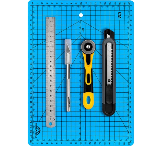 Изображение товара Набор для резки profi коврик для резки, прецизионный нож, ротационный резак, нож 18мм, линейка, лезвие sk5 vertextools 0030-5