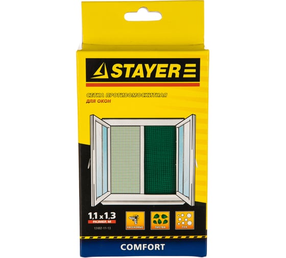 Изображение товара Противомоскитная сетка для окна с крепежной лентой Stayer STAYER COMFORT зеленая, ПЭТ, 1.1x1.3м 12482-11-13