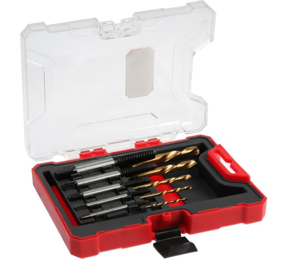 Изображение товара Набор экстракторов и сверл ТУНДРА левая резьба, 45 сталь, М1-М5, d=2.4-8 мм HSS, TIN 9748807