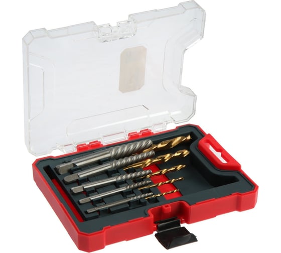 Изображение товара Набор экстракторов и сверл ТУНДРА крупная левая резьба, 45 сталь М1-М5, d=2.4-8 мм HSS, TIN 9748806