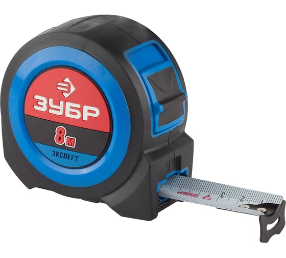 Изображение товара Рулетка Зубр ЭКСПЕРТ, сверхширокое полотно, особо длинный вылет, нейлон покрытие, упрочненный двухкомпонентный корпус, 8м/27мм 34059-08-27