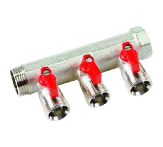 Изображение товара Коллектор Henco 1" с красными шаровыми кранами, 3/4"НР под евроконус, 1" - 2xEK14,16,18,20 VB060502-ROOD