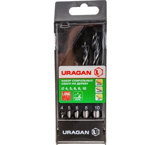 Изображение товара Набор сверл спиральных по дереву (5 шт; 4-10 мм) Uragan 29419-H5