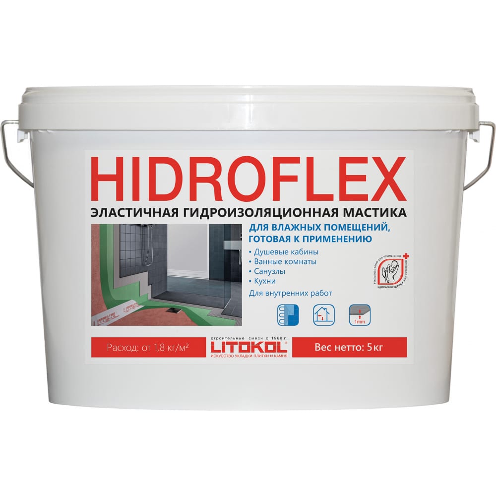 фото Мастика litokol hidroflex-гидроизоляция, 5 кг bucket 482570002