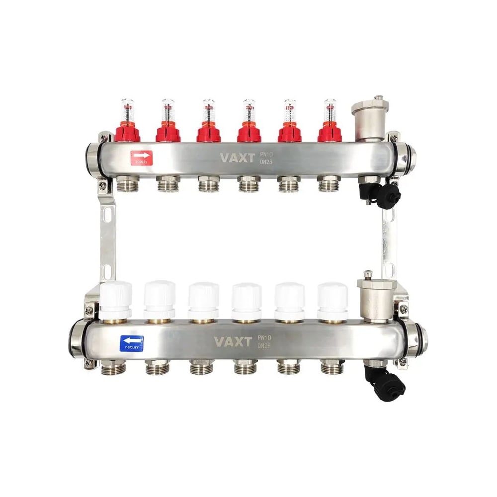Изображение товара Коллекторная группа РОСТерм 1 из нержавеющей стали 6 выходов 3/4" с расходомерами
