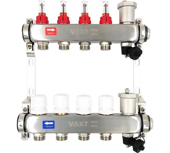 Изображение товара Коллекторная группа РОСТерм 1", нерж. сталь, 4 выхода на 3/4" нр с расходомерами YK7207-4L