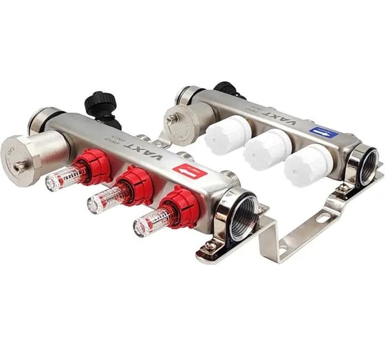 Изображение товара Коллекторная группа РОСТерм 1", нерж. сталь, 3 выхода на 3/4" нр с расходомерами YK7207-3L