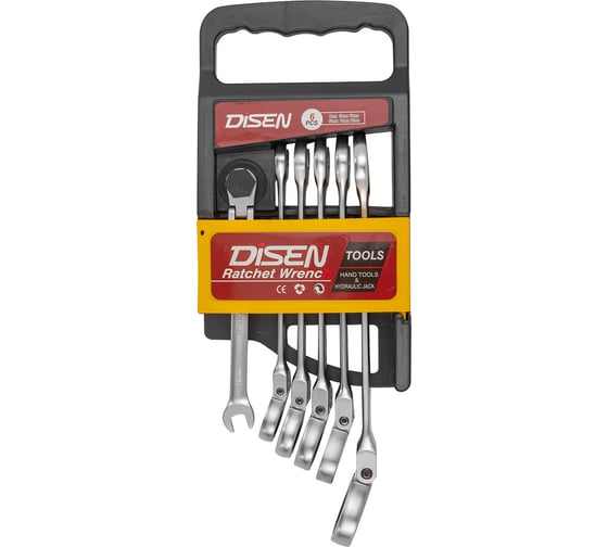 Изображение товара Набор ключей Disen трещоточных с шарниром 6пр.(8,10,12,13,14,17мм),в усиленном пластиковом держателе DSH1505F(54335)