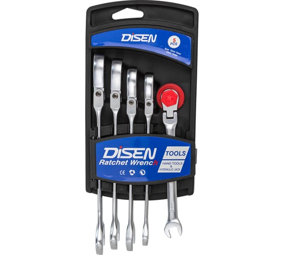 Изображение товара Набор ключей Disen трещоточных с шарниром 5пр.(8,10,12,13,14мм),на пластиковом держателе DSD1502F(54329)