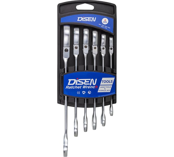 Изображение товара Набор ключей Disen трещоточных с шарниром 6пр.(8,10,12,13,14,17мм),в усиленном пластиковом держателе DSH1503F(54331)