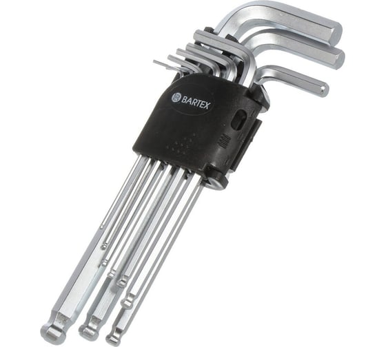 Изображение товара Набор удлиненных шестигранных имбусовых ключей HEX с шаром BARTEX 1.5-10 мм, 9 предметов, пластиковый держатель 319910