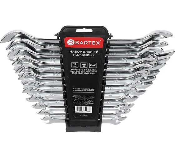Изображение товара Набор рожковых ключей BARTEX 6-32 мм, хромированный, зеркальный, CrV сталь, 12 предметов 316306