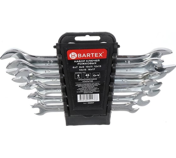 Изображение товара Набор рожковых ключей BARTEX 6-17 мм, хромированный, зеркальный, CrV сталь, 6 предметов 316307