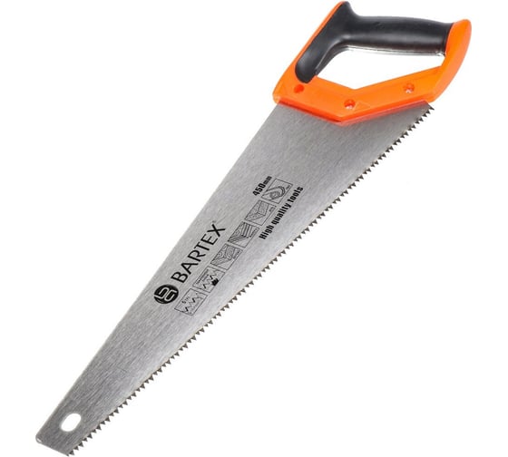 Изображение товара Ножовка по дереву BARTEX 450 мм, закаленный зуб, 2D заточка, 5TPI, двухкомпонентная прорезиненная рукоятка 150885