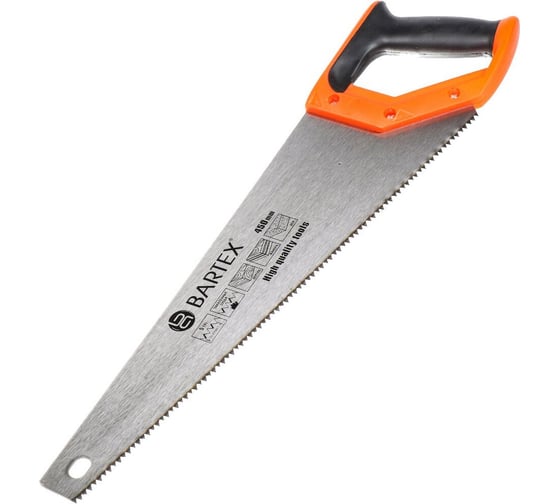 Изображение товара Ножовка по дереву BARTEX 450 мм, закаленный зуб, крупная, 2D заточка, 4-6TPI, двухкомпонентная прорезиненная рукоятка 178997