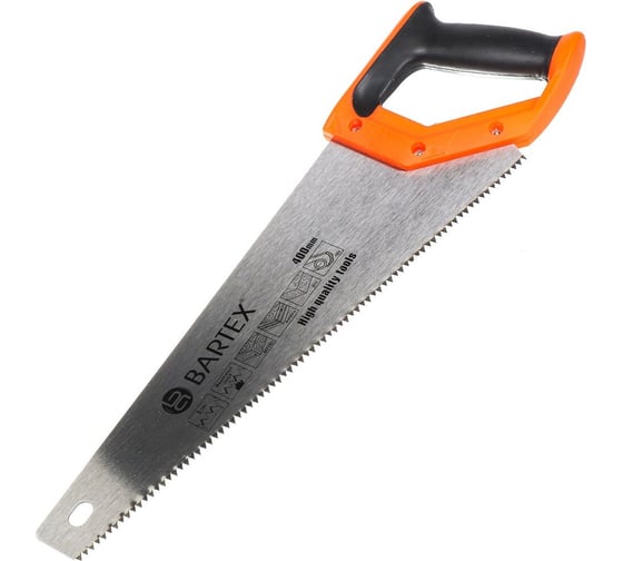 Изображение товара Ножовка по дереву BARTEX 400 мм, закаленный зуб, 2D заточка, 5TPI, двухкомпонентная прорезиненная рукоятка 150884