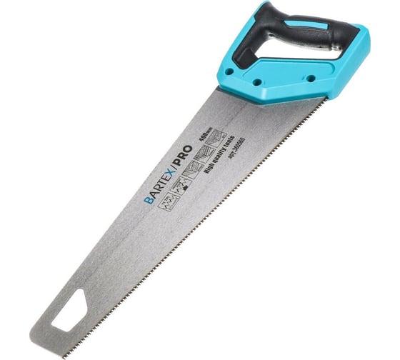 Изображение товара Ножовка по дереву BARTEX 400 мм, закаленный зуб, 3D заточка, 11-13TPI, двухкомпонентная прорезиненная рукоятка 360565