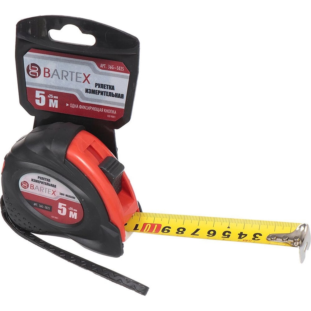 Изображение товара Рулетка BARTEX 5 м, обрезиненный пластик, фиксатор и клипса для ремня