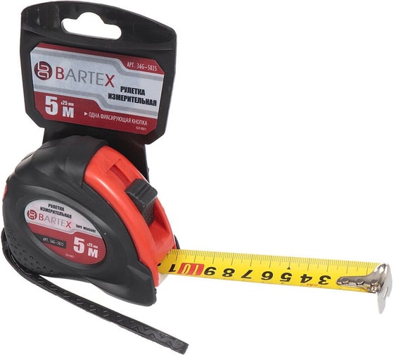 Изображение товара Рулетка BARTEX 5 м, обрезиненный пластик, 25 мм, с фиксатором, + кнопка 310326