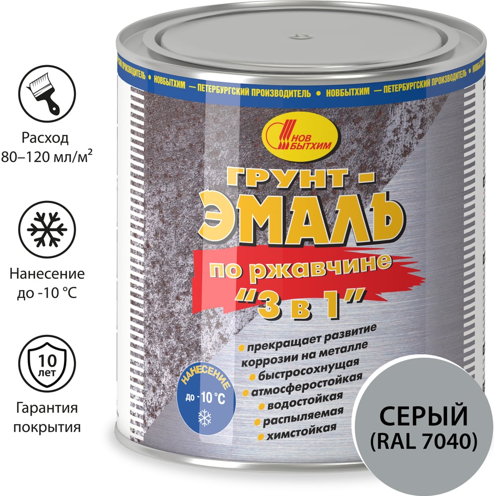 Изображение товара Грунт-эмаль по ржавчине Новбытхим 3 в 1, серая, RAL 7040 2,7 л 3387