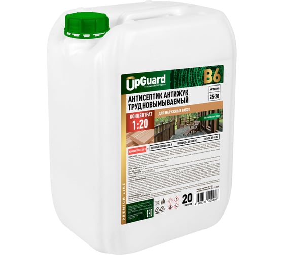Изображение товара Трудновымываемый антисептик для наружных работ UPGUARD В6 20л, концентрат 1:20, срок защиты до 30 лет 26-20