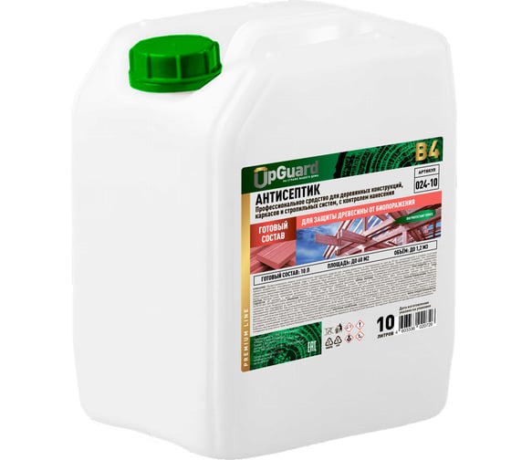 Изображение товара Антисептик UPGUARD B4, готовый состав с контролем нанесения, профессиональный для деревянных конструкций, каркасов и стропильных систем, 10 л, 024-10 (O24-10)