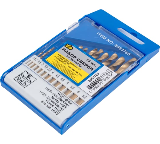 Изображение товара Набор сверл по металлу HSS нитрид титана 1.5-6.5 мм, 13 шт 888 6863765