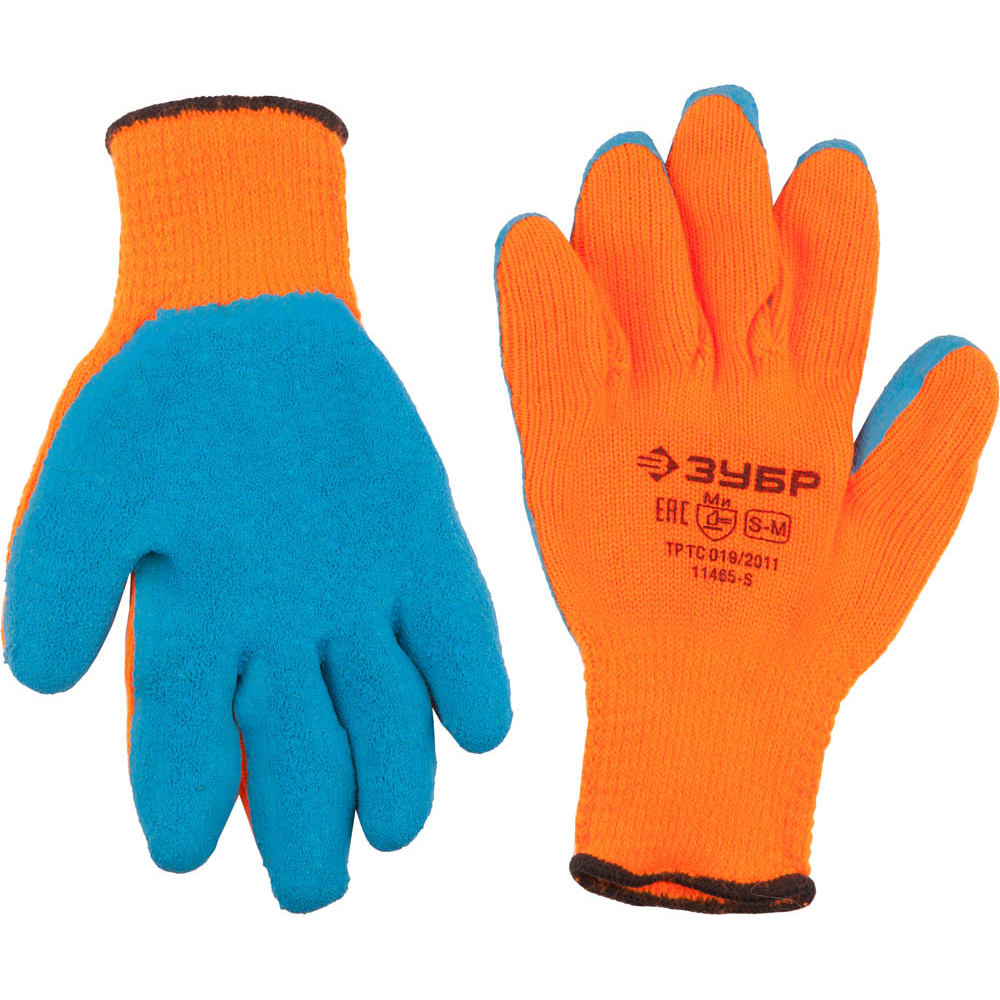 фото Утепленные, акриловые перчатки с рельефным латексным покрытием зубр эксперт 10 класс, сигнальный цвет, р.s-m 11465-s