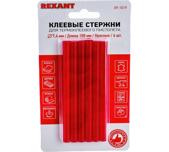 Изображение товара Клеевые стержни Rexant 7х100 мм красные 6 шт. 09-1019