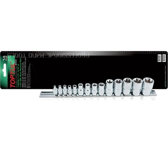 Изображение товара Набор головок 1/4"DR, 3/8"DR, 1/2"DR, E4-E24 мм, 14 предметов, на подвесе TOPTUL GAAR1402
