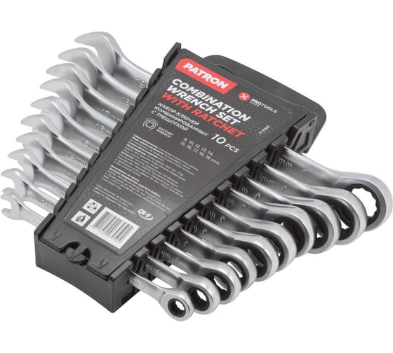 Изображение товара Набор ключей PATRON комбинированных трещоточных,10пр. (8,10,12-19мм), в пластиковом держателе P-51102(51816)