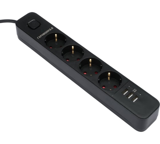 Изображение товара Сетевой фильтр 2.0 мультипорт, 4р, 10а, 3xusb, 2м, ур.защиты 2+, черный, пакет, Гарнизон EPS-4-U3-B-2