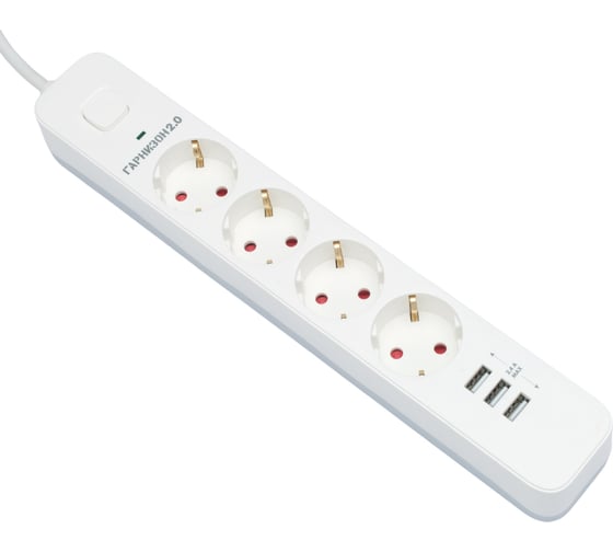 Изображение товара Сетевой фильтр Гарнизон 2.0 мультипорт, 4р, 10а, 3xusb, 4м, ур.защиты 2+, белый, пакет, EPS-4-U3-W-4