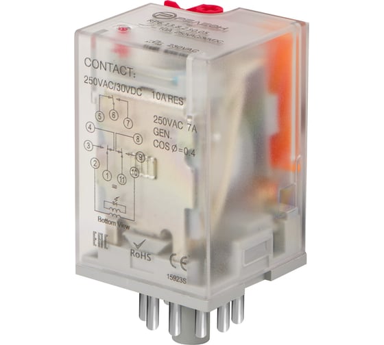 Изображение товара Универсальное реле РЕЛЕОН 3 перекидных контакта 10А ; 230В AC; 11 штырьковый разъем RP613823005