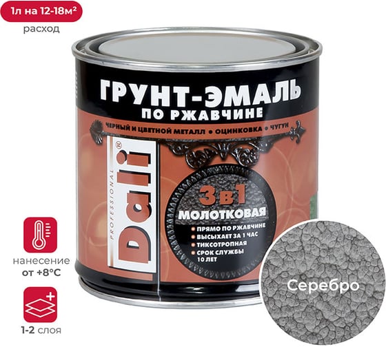 Изображение товара Грунт-эмаль по ржавчине Dali 3 в 1 молотковая серебристая 0.75 л 6 28231