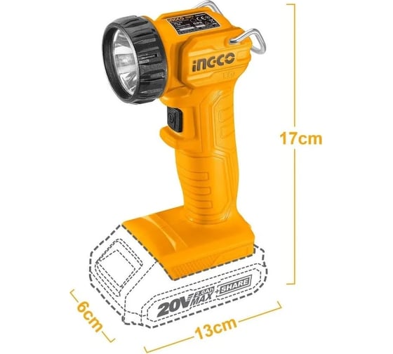 Изображение товара Аккумуляторная рабочая лампа INGCO li-ion , 20в, 5вт, 270лм, 10ч автон, без аккумулятора CWLI2038