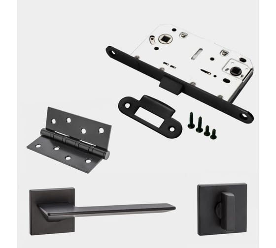 Изображение товара Комплект для межкомнатной двери PAULINIDOR ручки 543-03 slim, сантех. защелка 96PL, завертка AL 03 slim, врез. петли 2 шт, черный 543-03slim96PLAL034SBL
