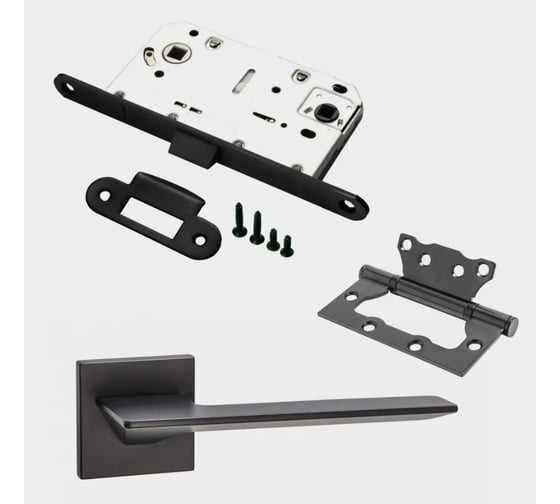 Изображение товара Комплект для межкомнатной двери PAULINIDOR ручки 543-03 slim, сантехническая защелка 96PL, петли без врезки 2 шт, черный 543-03slim96PL2SBL