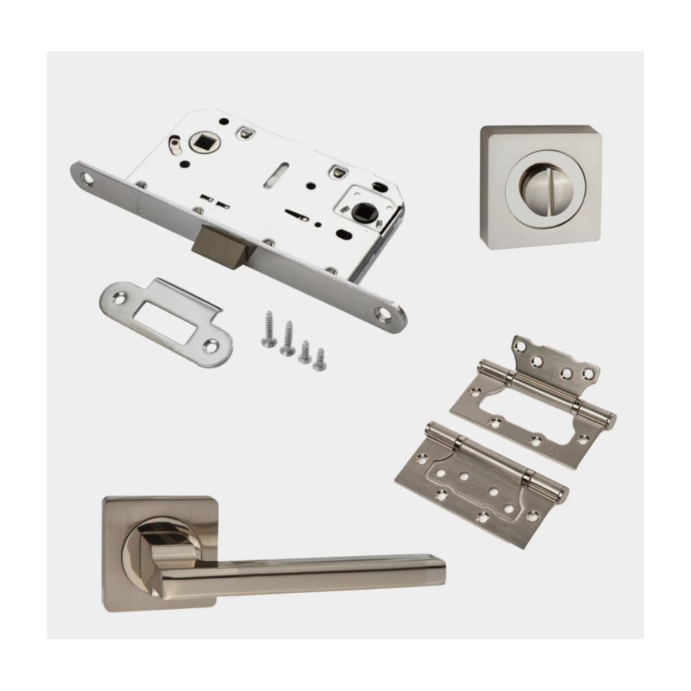 Изображение товара Комплект для межкомнатной двери PAULINIDOR с ручками защелкой и петлями никель матовый